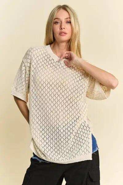 Davi & Dani Side Slit Openwork Round Neck Half Sleeve Knit Cover Up - Trendsi - Flyclothing LLC