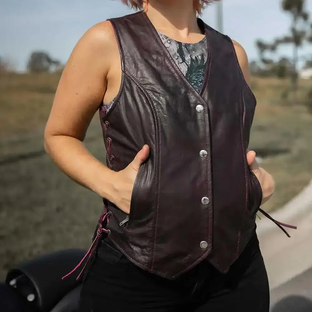 Lilly- Ladies Purple Leather Vest - Unik Just for Bikers - Flyclothing LLC
