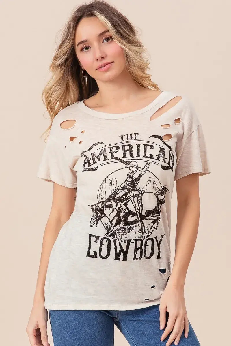 BiBi Cotton Slub Laser Top American Cow Boy Graphic - Trendsi - Flyclothing LLC