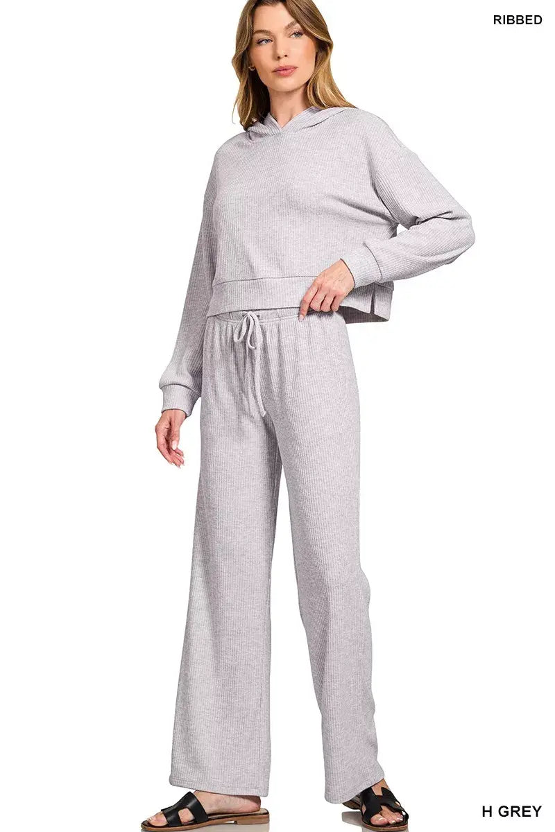 Zenana Drop Shoulder Ribbed Crop Hoodie - Trendsi - Flyclothing LLC