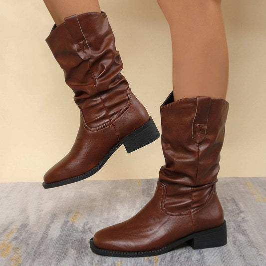 Pleated Pull-On Western Cowboy Boots - Trendsi - Flyclothing LLC