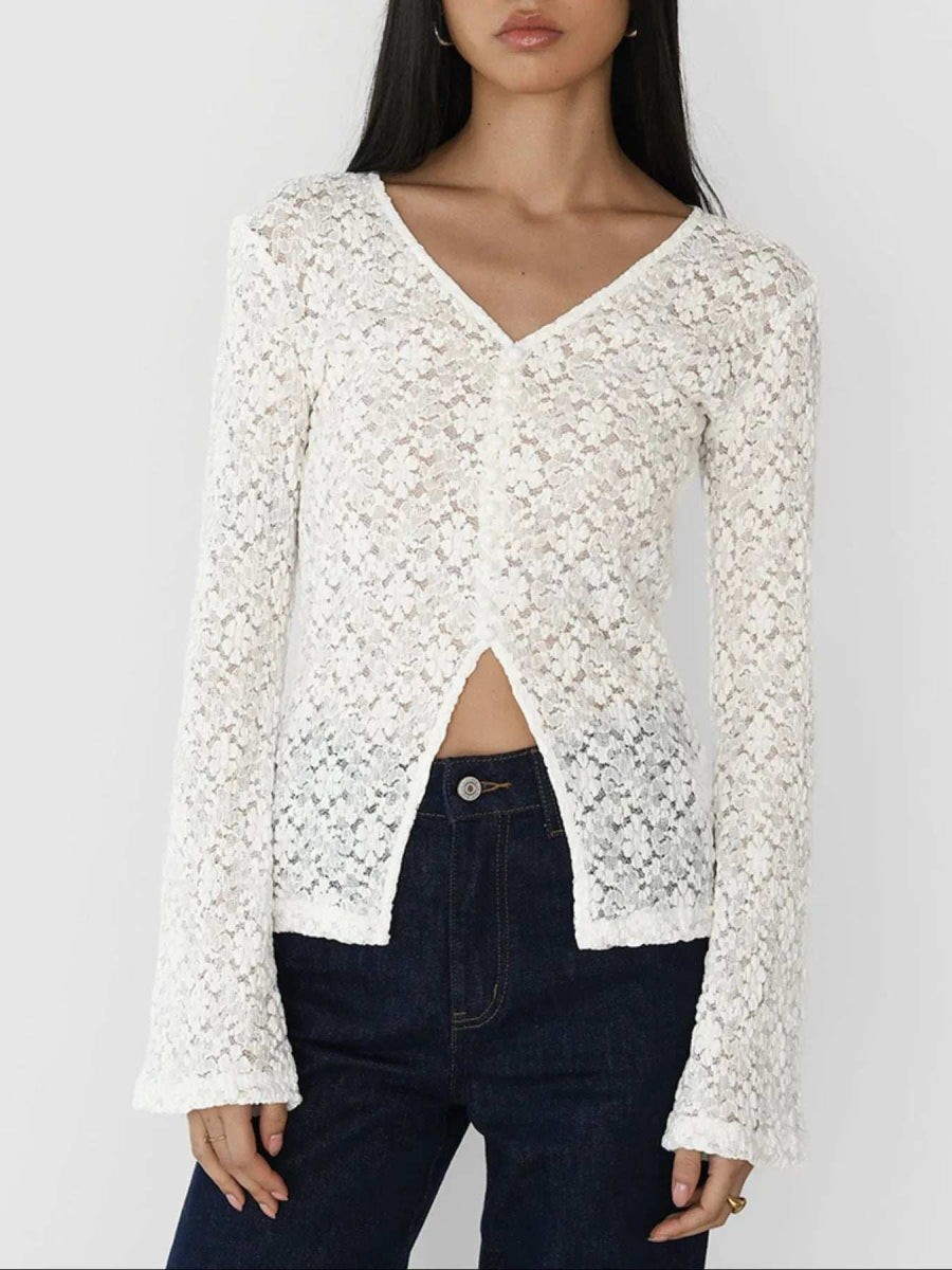 Lace V-Neck Flare Sleeve T-Shirt - Trendsi - Flyclothing LLC