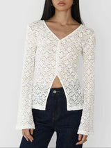 Lace V-Neck Flare Sleeve T-Shirt - Trendsi - Flyclothing LLC