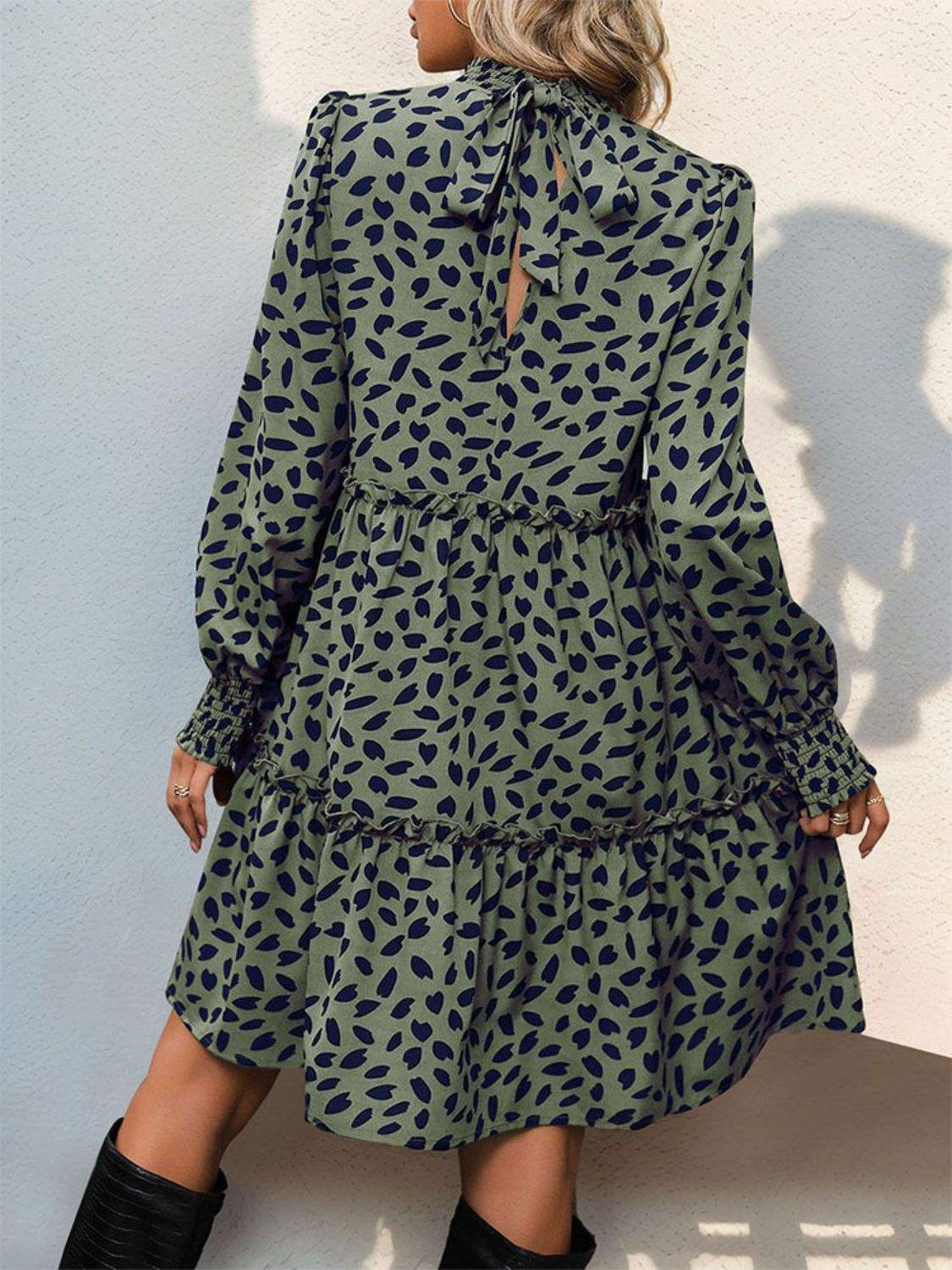 Frill Printed Mock Neck Long Sleeve Mini Dress - Trendsi - Flyclothing LLC
