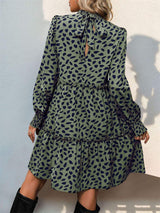 Frill Printed Mock Neck Long Sleeve Mini Dress - Trendsi - Flyclothing LLC