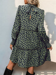 Frill Printed Mock Neck Long Sleeve Mini Dress - Trendsi