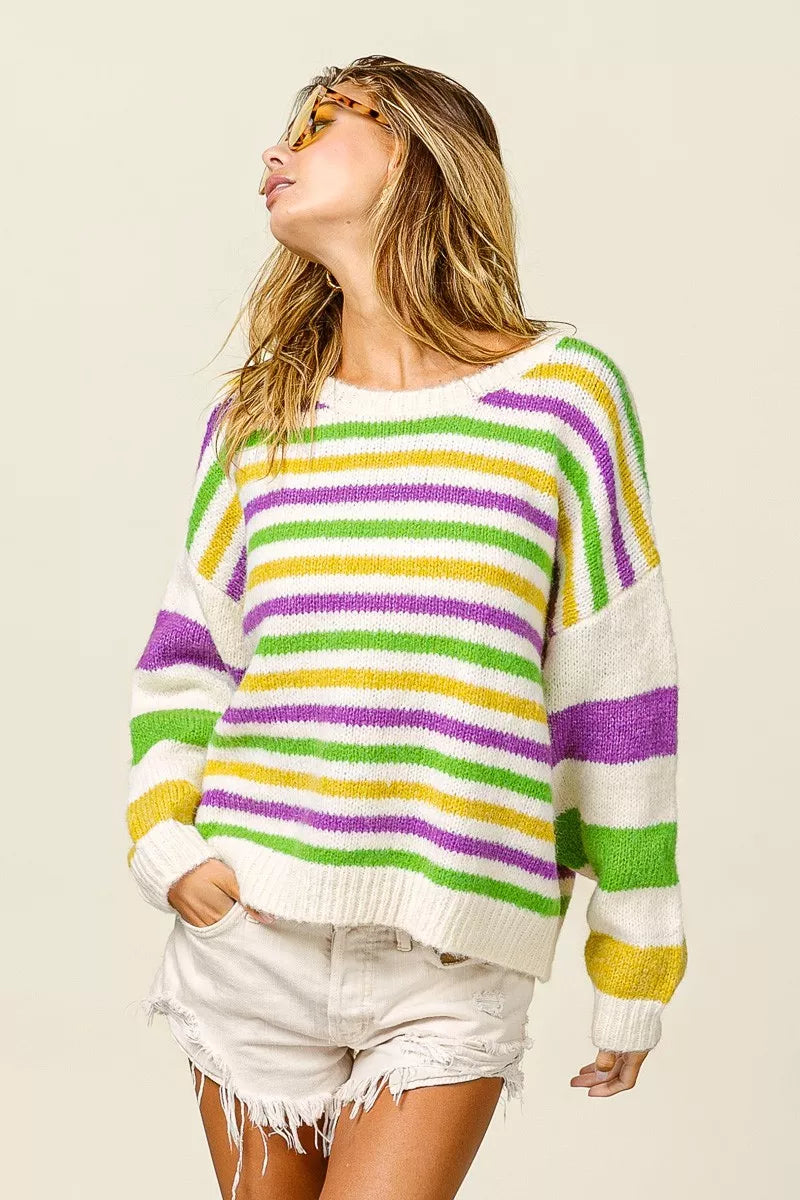 BiBi Mardi Gras Colors Stripe Comfy Sweater - Trendsi - Flyclothing LLC