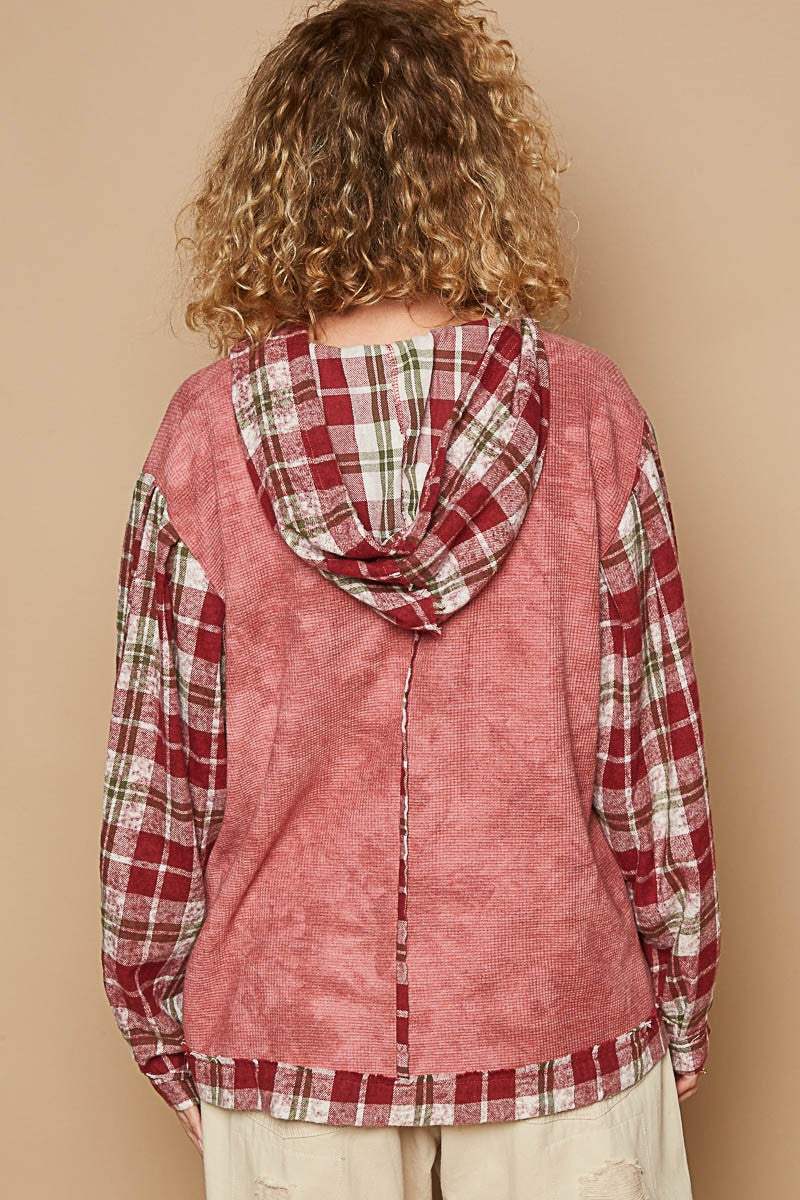 POL Star Patch Plaid Long Sleeve Hooded Top - Trendsi - Flyclothing LLC