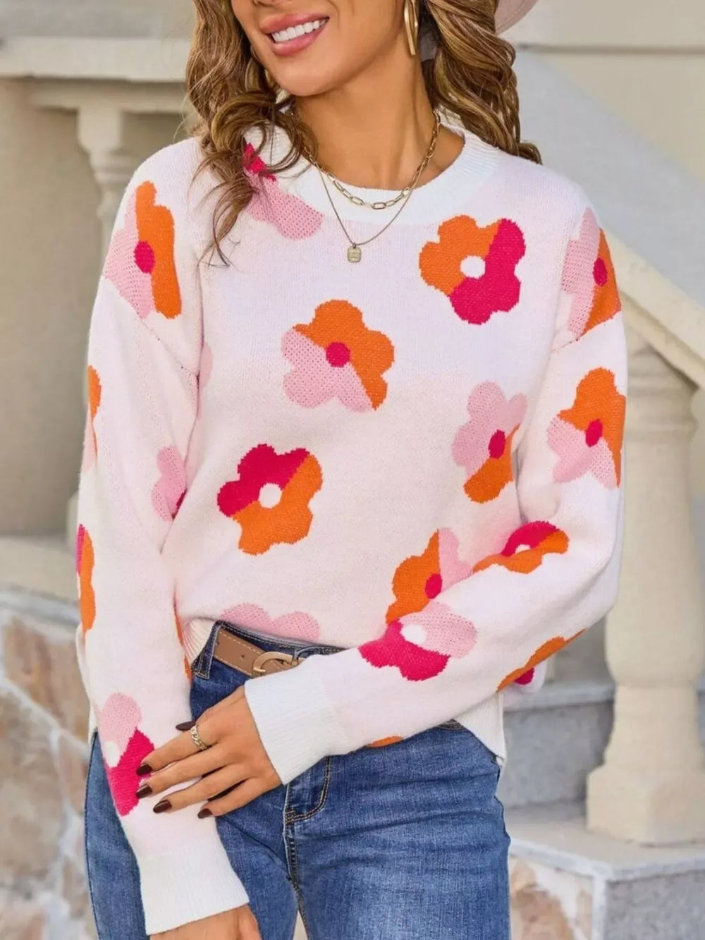 Floral Crew Neck Long Sleeve Sweater - Trendsi - Flyclothing LLC
