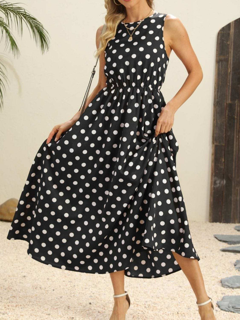 Polka Dot Round Neck Sleeveless Midi Dress - Trendsi - Flyclothing LLC