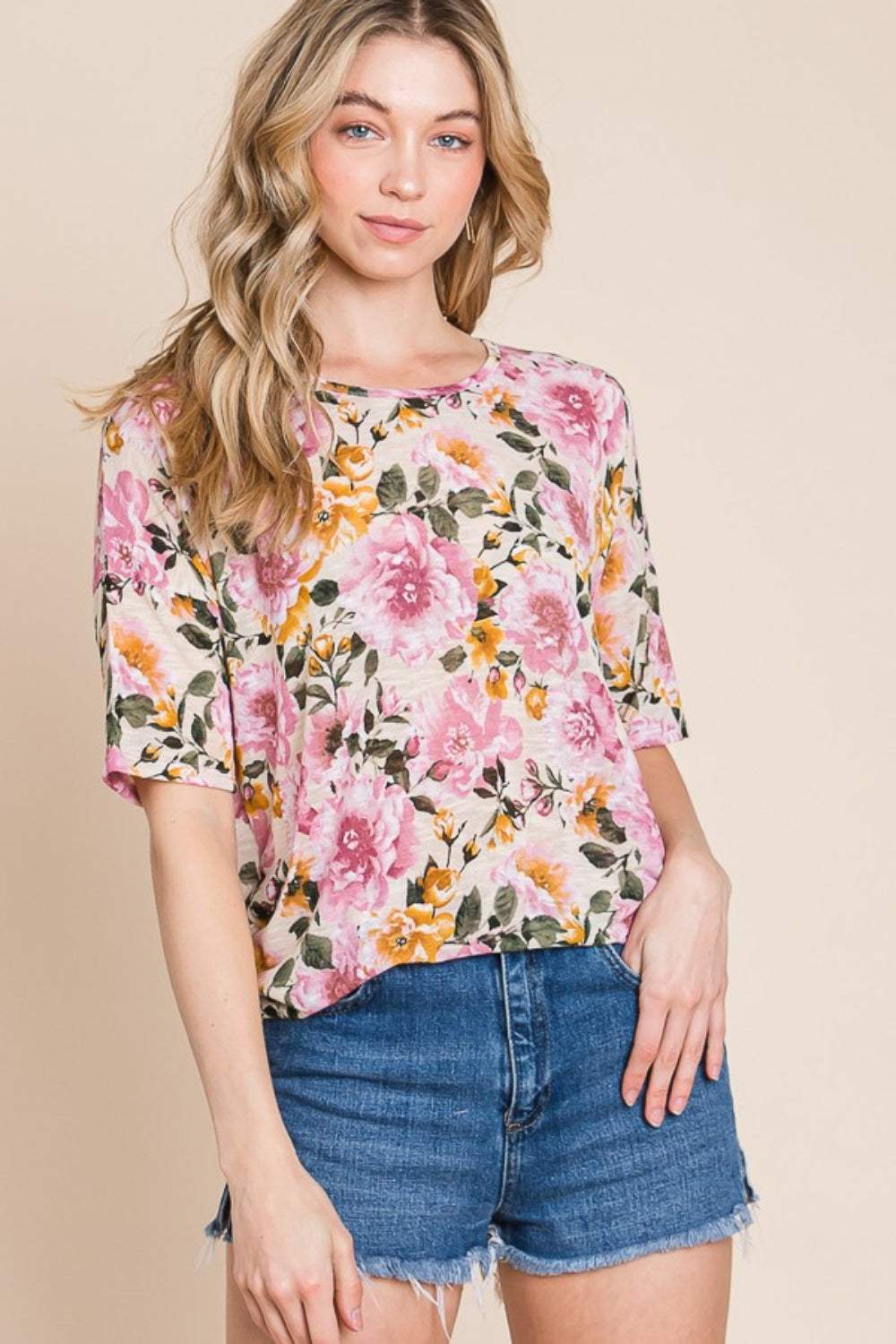 BOMBOM Floral Round Neck T-Shirt - Trendsi - Flyclothing LLC
