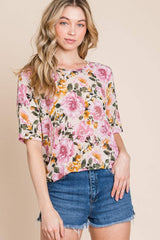 BOMBOM Floral Round Neck T-Shirt - Trendsi - Flyclothing LLC