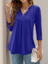 Notched Three-Quarter Sleeve T-Shirt - Trendsi - Flyclothing LLC
