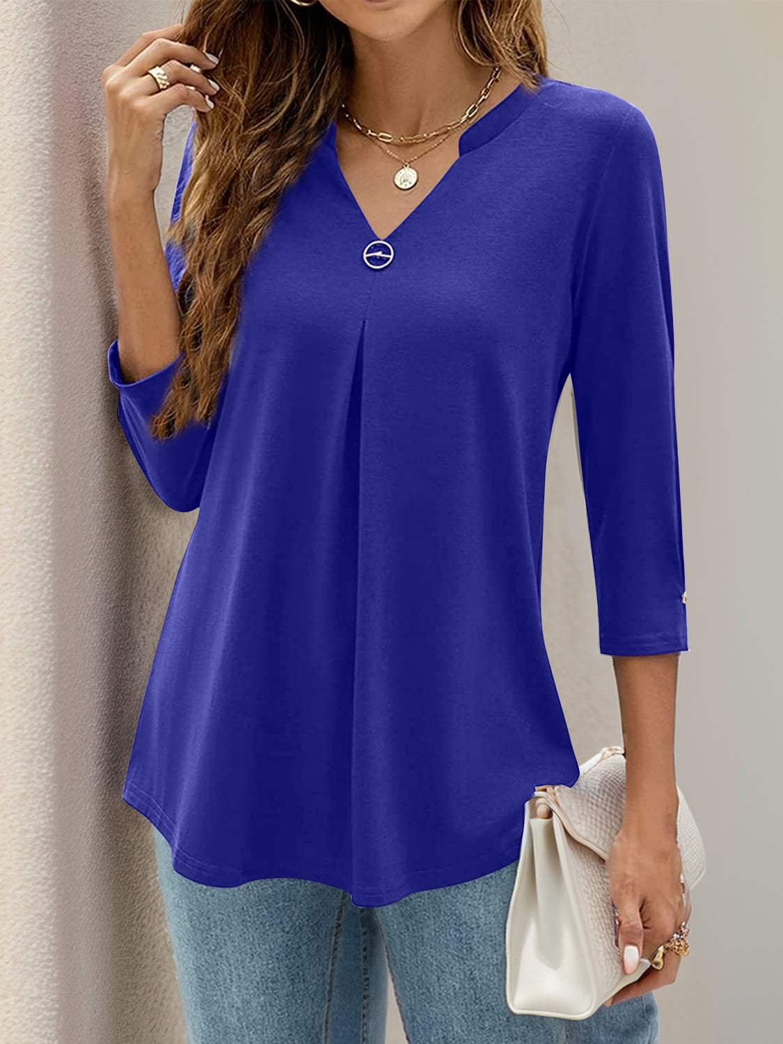 Notched Three-Quarter Sleeve T-Shirt - Trendsi - Flyclothing LLC