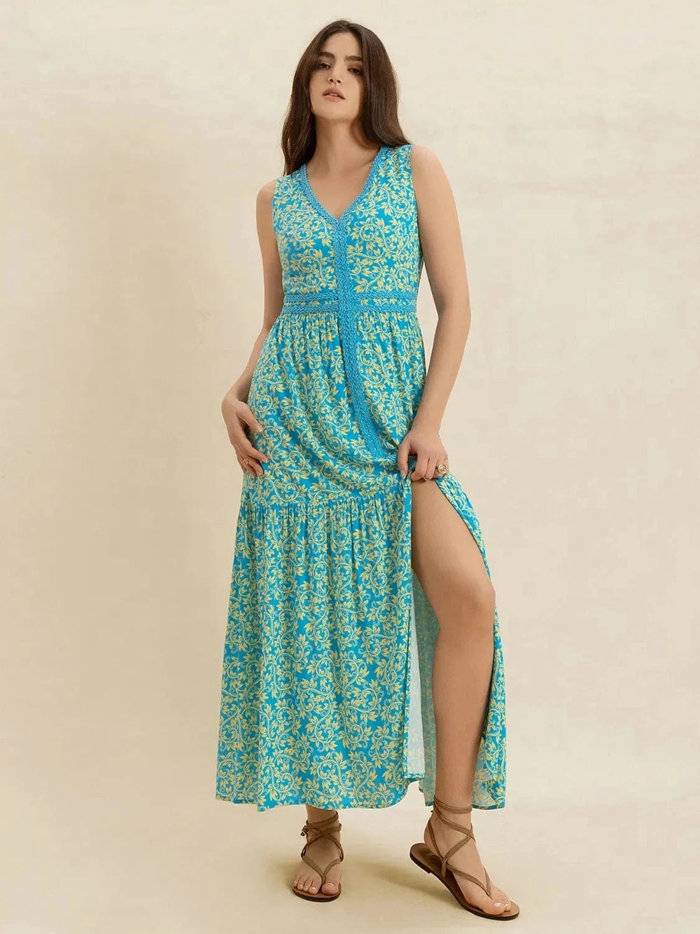 Slit Printed V-Neck Sleeveless Dress - Trendsi