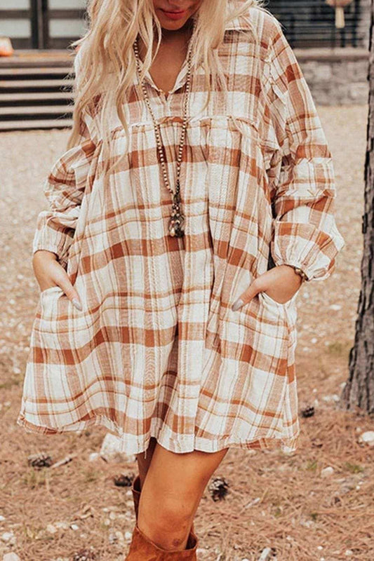Plaid Collared Neck Long Sleeve Mini Shirt Dress - Trendsi - Flyclothing LLC