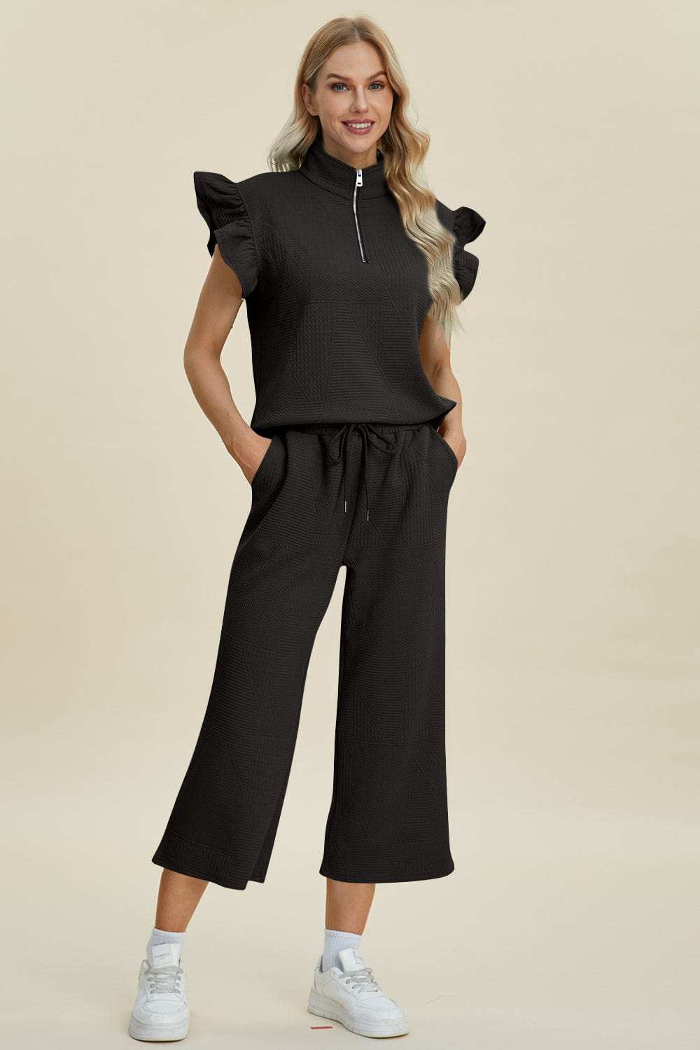 Double Take Full Size Texture Ruffle Short Sleeve Top and Wide Leg Pants Set - Trendsi - Flyclothing LLC