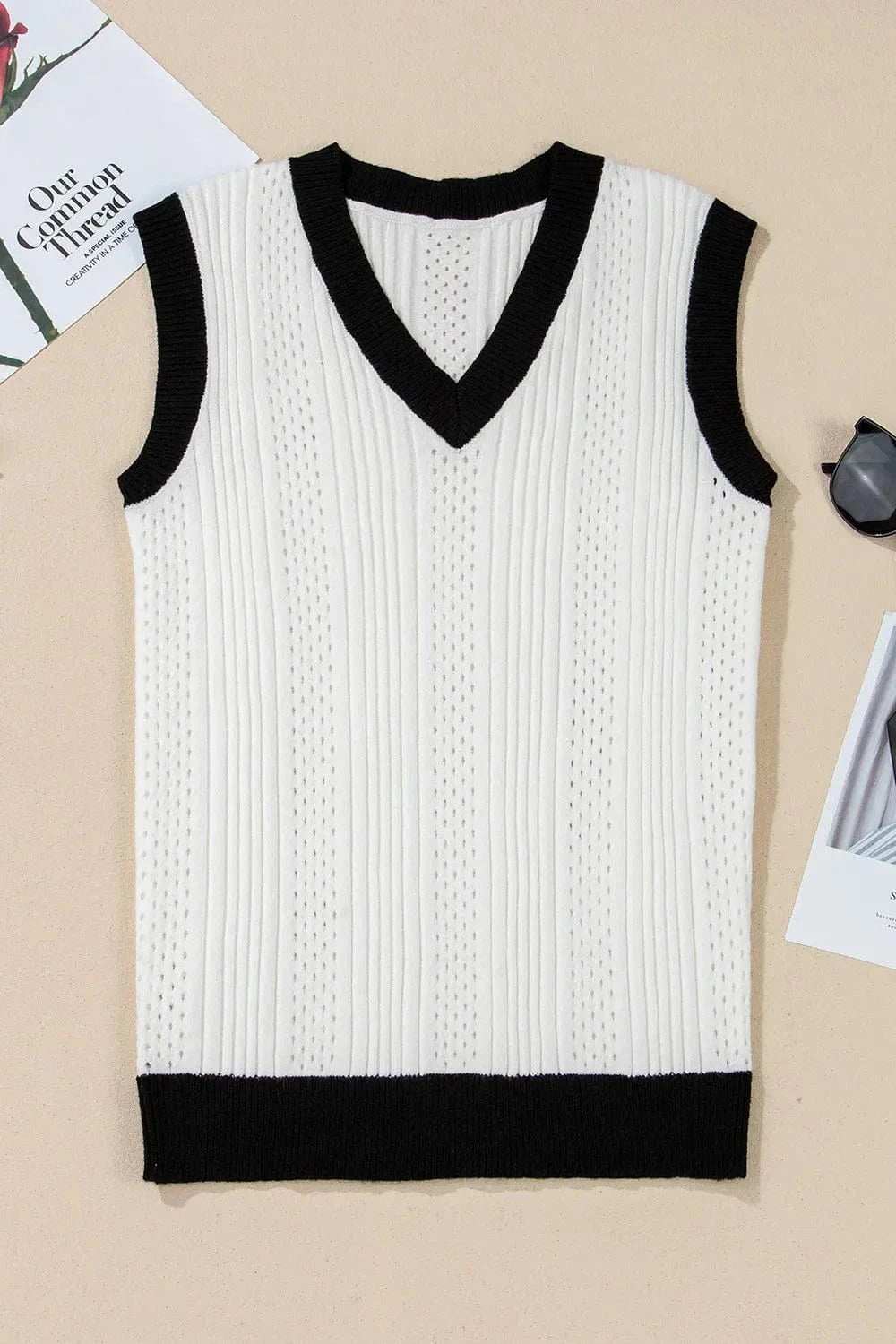 Contrast Trim Eyelet Knit V Neck Sweater Vest - Trendsi - Flyclothing LLC