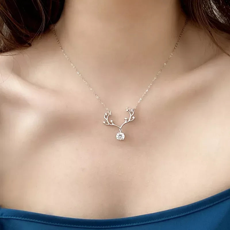 1 Carat Moissanite 925 Sterling Silver Deer Antler Pendant Necklace - Trendsi - Flyclothing LLC