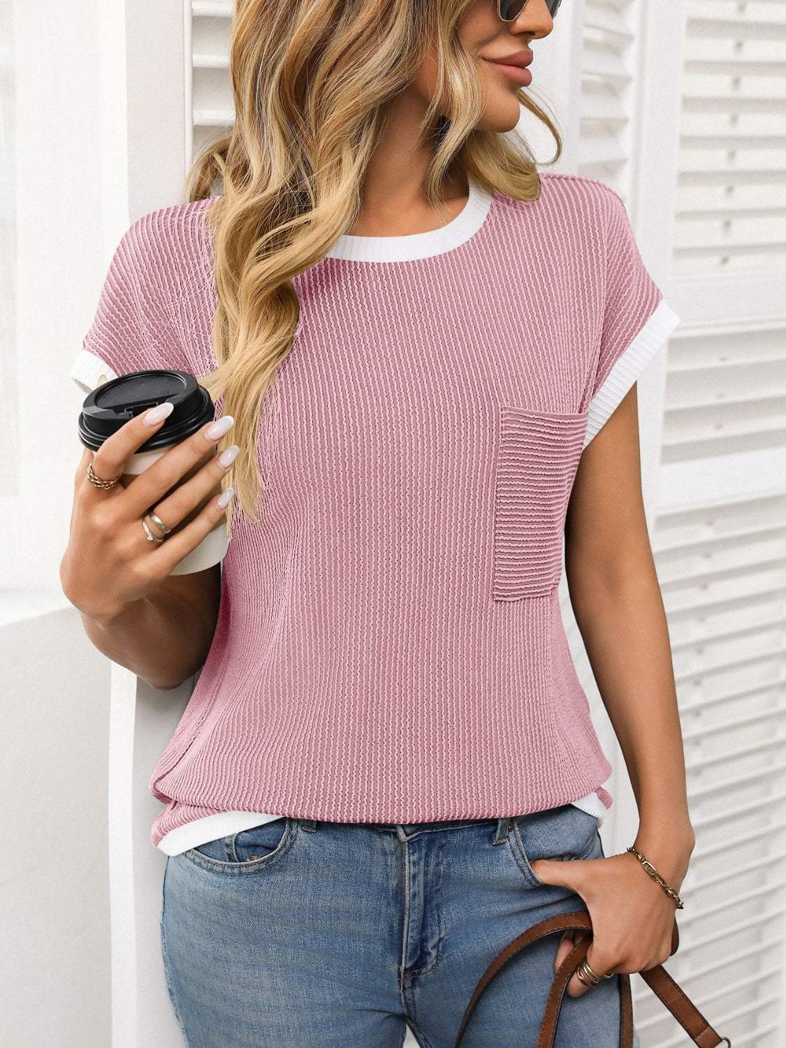 Contrast Trim Round Neck Short Sleeve T-Shirt - Trendsi - Flyclothing LLC