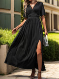 Lace Detail Slit V-Neck Short Sleeve Dress - Trendsi