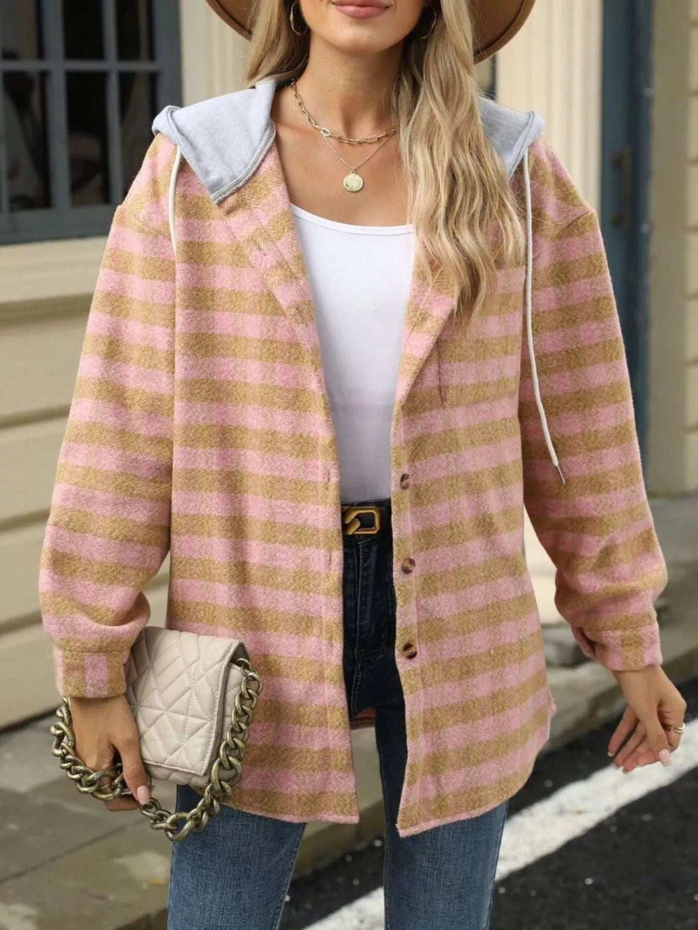 Plaid Button Up Long Sleeve Drawstring Hooded Jacket - Trendsi - Flyclothing LLC