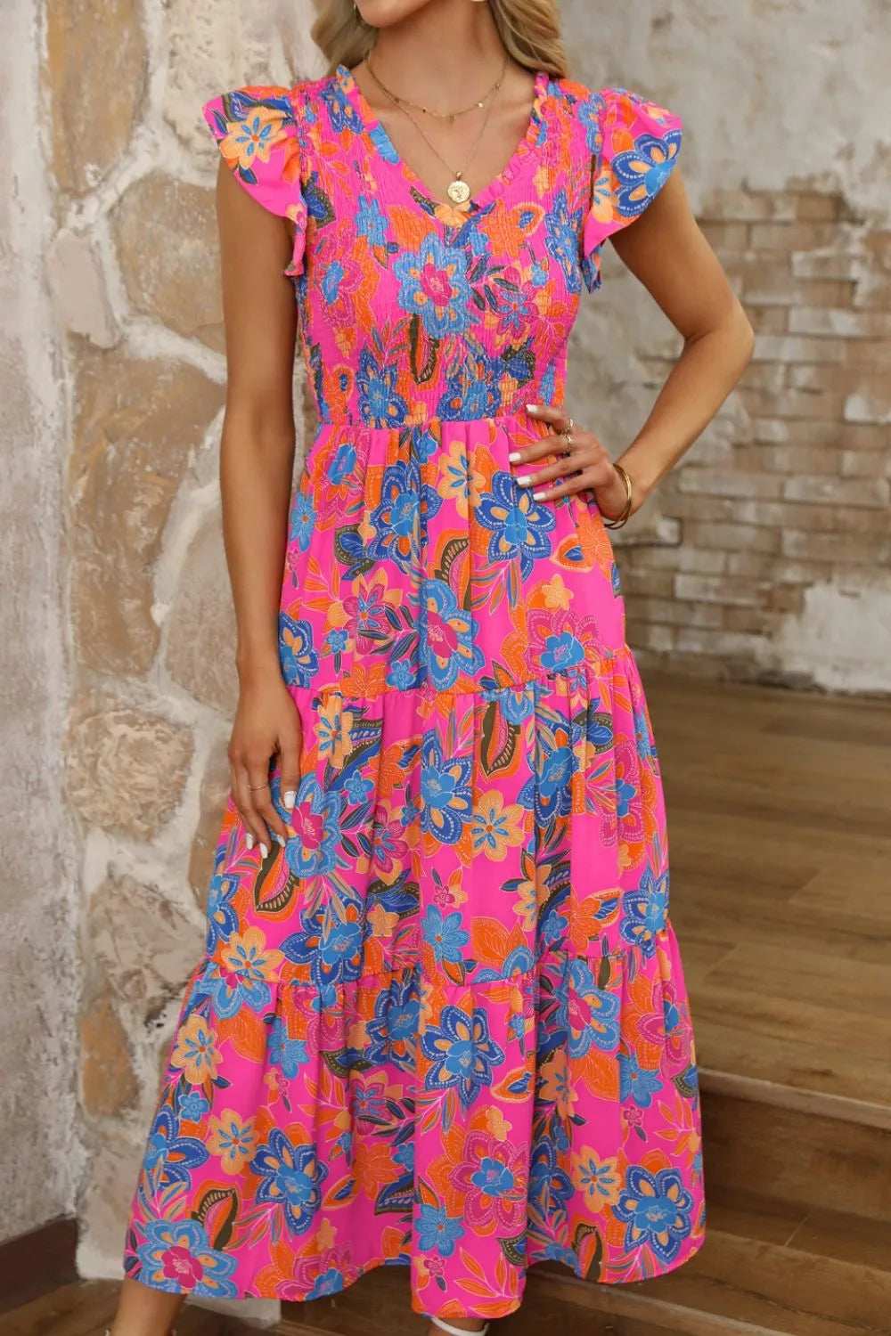 Boho Floral V Neck Ruffle Tiered Dress - Trendsi - Flyclothing LLC