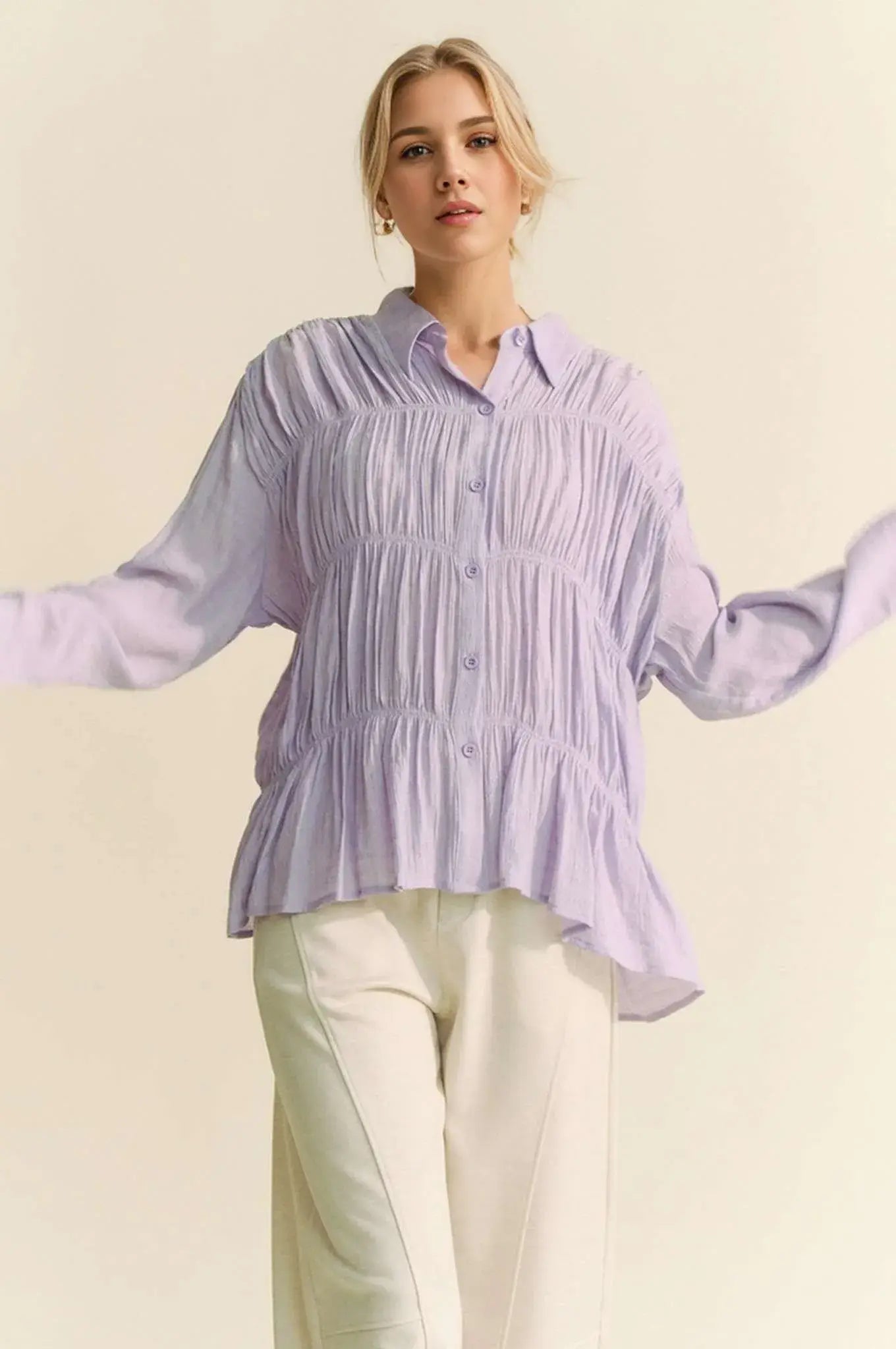 Davi & Dani Ruched All Over Button Front Shirt - Trendsi - Flyclothing LLC