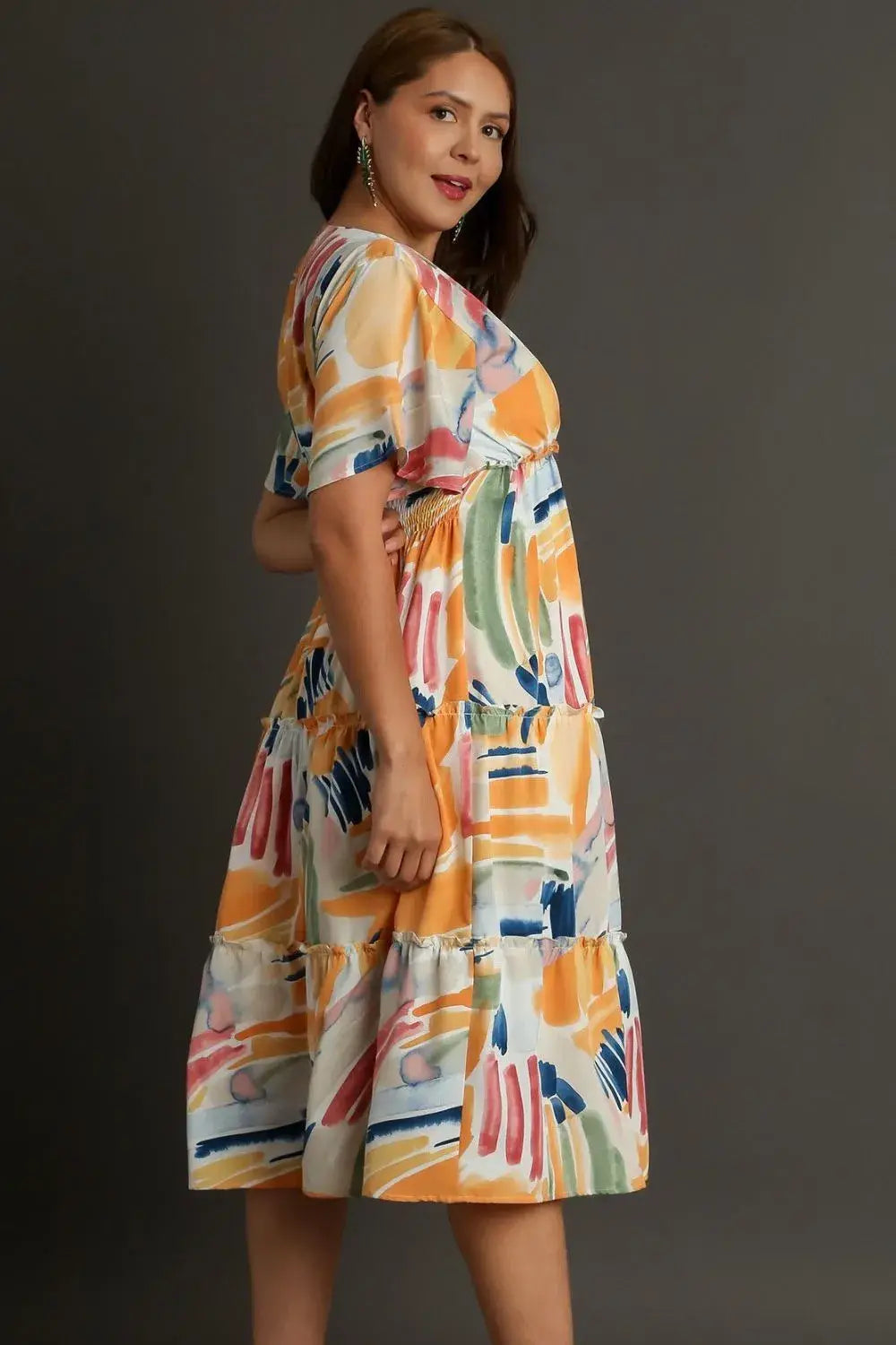Umgee Full Size Abstract Print Flutter Sleeve Frill Tiered Midi Dress Plus Size - Trendsi - Flyclothing LLC