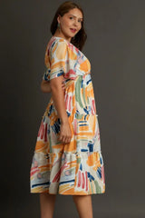 Umgee Full Size Abstract Print Flutter Sleeve Frill Tiered Midi Dress Plus Size - Trendsi - Flyclothing LLC