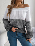 Color Block Off-Shoulder Long Sleeve Sweater - Trendsi