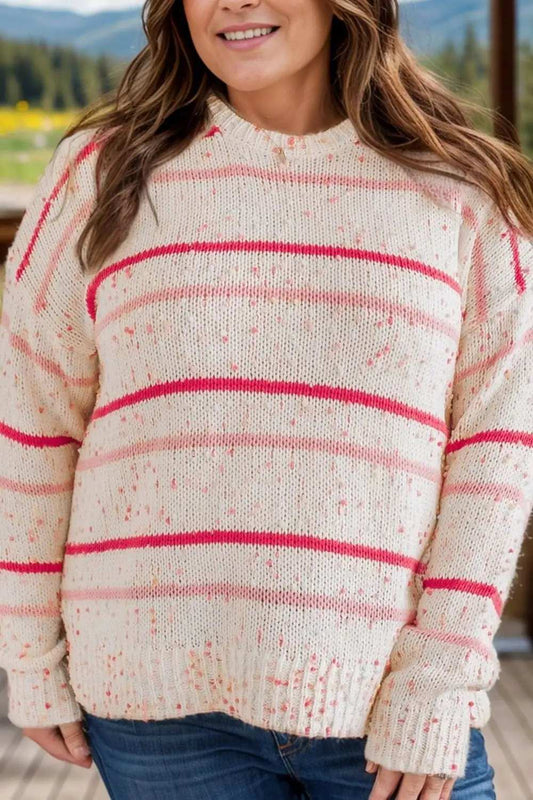 Plus Size Confetti Striped Round Neck Sweater - Trendsi - Flyclothing LLC