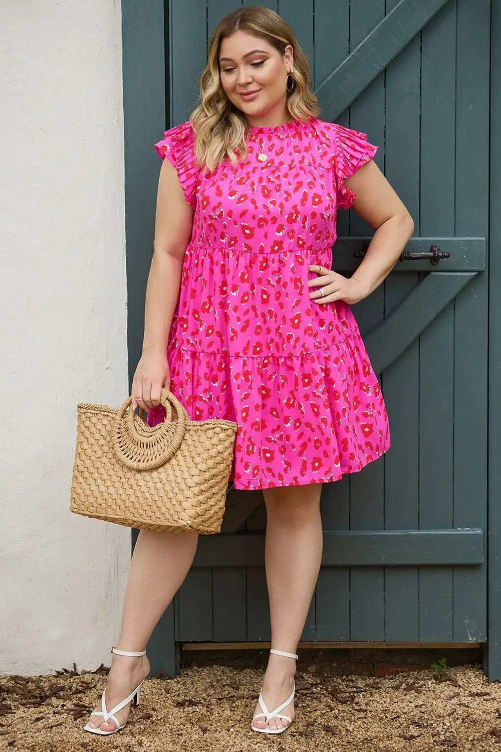 Plus Size Ruffled Leopard Cap Sleeve Mini Dress - Trendsi - Flyclothing LLC