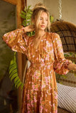 Mittoshop Flower Print Satin Lurex Stripe Smocked Midi Dress - Trendsi