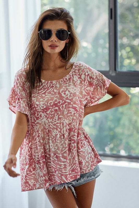 BiBi Leopard Print Gauze Woven Flutter Sleeve Blouse - Trendsi - Flyclothing LLC