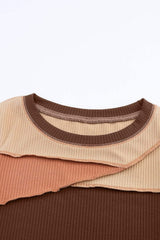 Exposed Seam Contrast Round Neck Long Sleeve T-Shirt - Trendsi - Flyclothing LLC