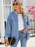 Pocketed Zip Up Baseball Collar Denim Jacket - Trendsi