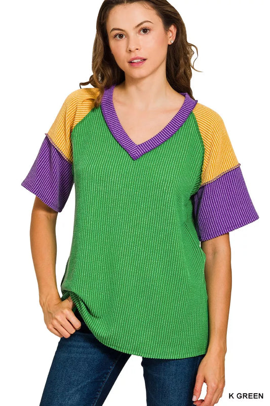 Zenana Mardi Gras Raised Rib Color Block Top - Trendsi - Flyclothing LLC
