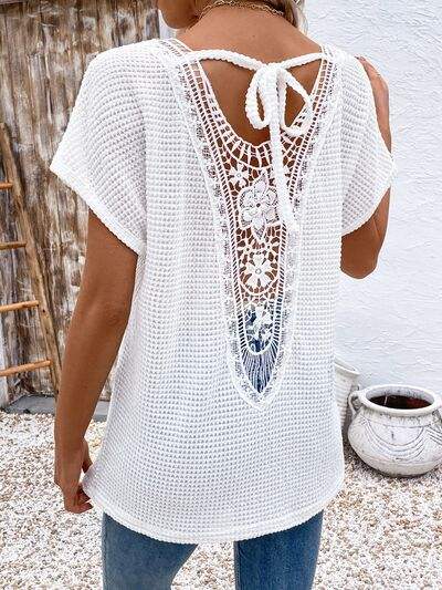 Lace Detail Round Neck Short Sleeve T-Shirt - Trendsi - Flyclothing LLC