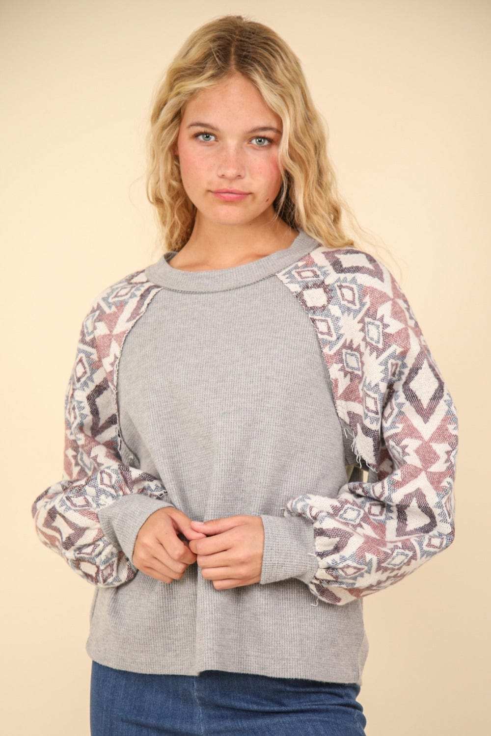 VERY J Printed Long Sleeve Round Neck Knit Top - Trendsi - Flyclothing LLC