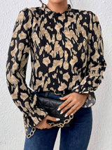 Frill Leopard Mock Neck Flounce Sleeve Blouse - Trendsi - Flyclothing LLC