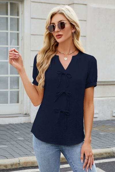 Notched Short Sleeve Blouse - Trendsi - Flyclothing LLC