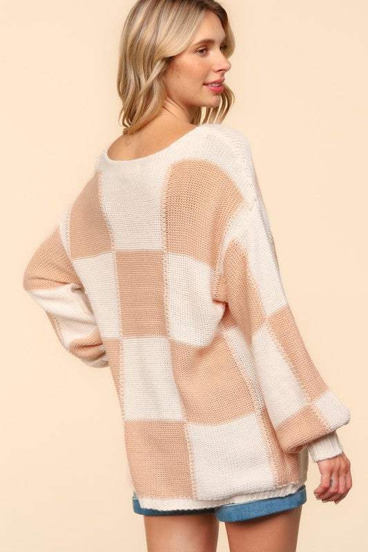 Haptics Full Size Checkered Round Neck Drop Shoulder Sweater - Trendsi - Flyclothing LLC