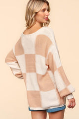 Haptics Full Size Checkered Round Neck Drop Shoulder Sweater - Trendsi