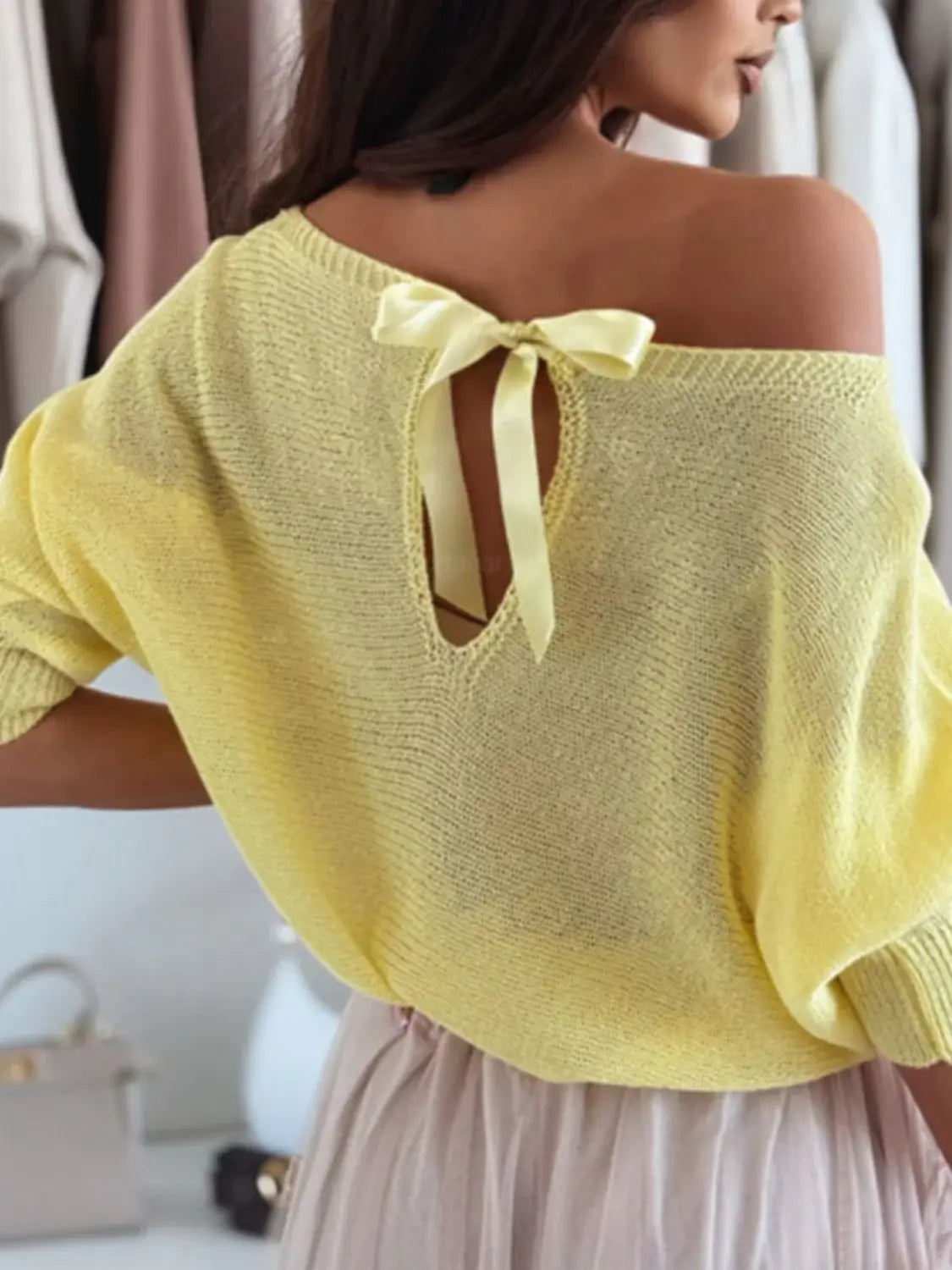 Bow Back Boat Neck Batwing Sleeve Sweater - Trendsi - Flyclothing LLC
