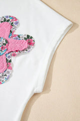 Floral Applique Notched Dolman Sleeve Top - Trendsi - Flyclothing LLC