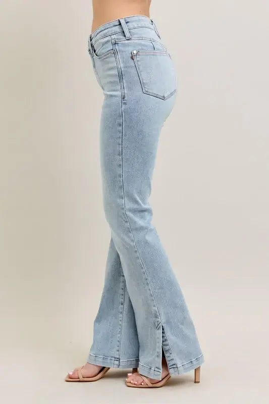 Judy Blue Full Size Tummy Control Vintage Wash Side Slit Slim Boot Jeans Plus Size - Trendsi - Flyclothing LLC