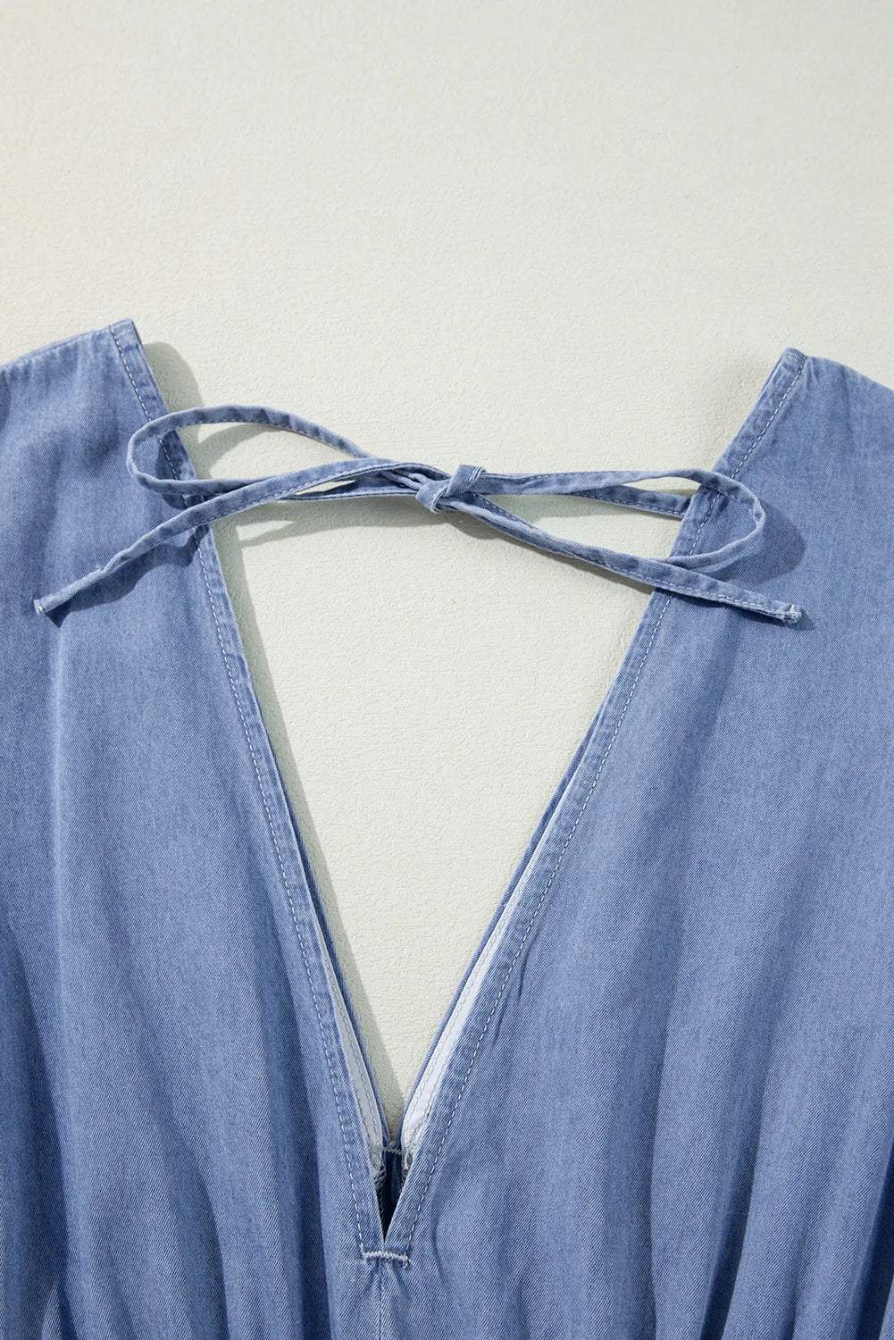 Tied Plunge Three-Quarter Sleeve Denim Dress - Trendsi - Flyclothing LLC
