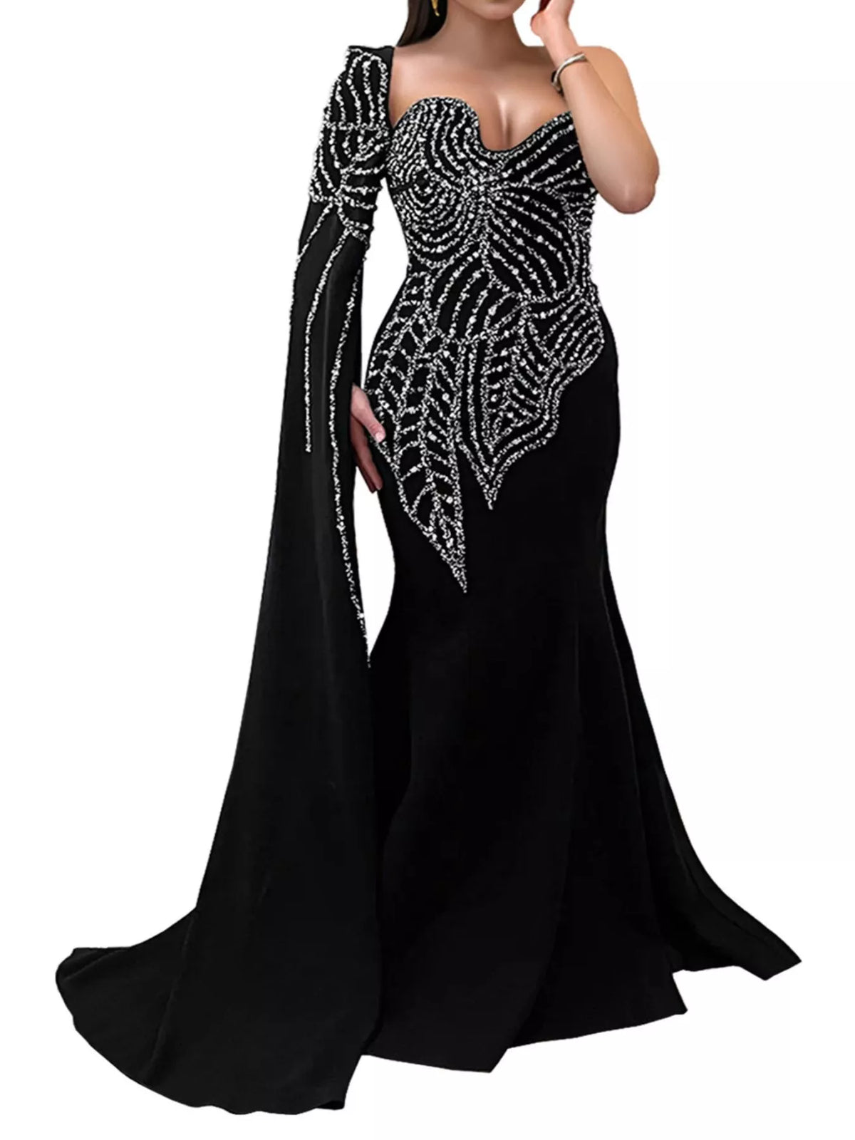 Rhinestone Pearl Detail One-Shoulder Mermaid Maxi Dress - Trendsi - Flyclothing LLC