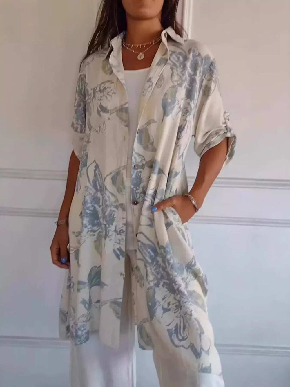 Full Size Floral Print Button-Up Shirt Dress Plus Size - Trendsi - Flyclothing LLC